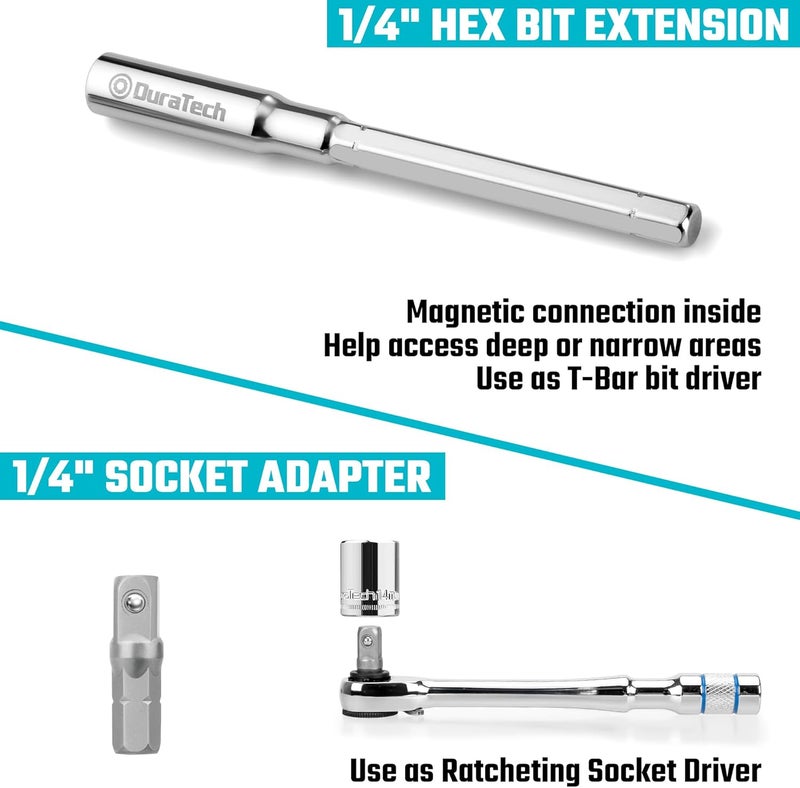 DURATECH 1/4" T-Handle Ratchet, Mini Ratchet Wrench with Hex Bit Extension and Adapter Set, Compatible with Standard 1/4" Hex Bits or Sockets, Portable and Versatile Repair Tool for Tight Spaces - Image 5